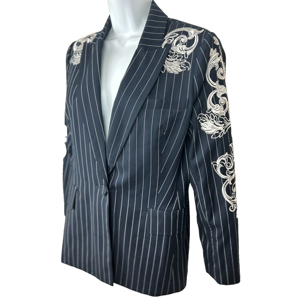Boston Proper Navy  Pinstripe Embroidery Detail One Button Blazer Jacket Size 8